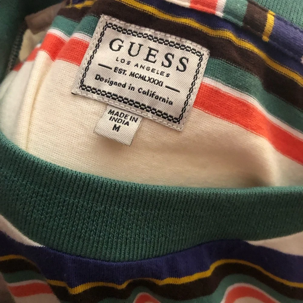GUESS White Striped Short Sleeve Tee with Green Collar - Picture 6 of 6